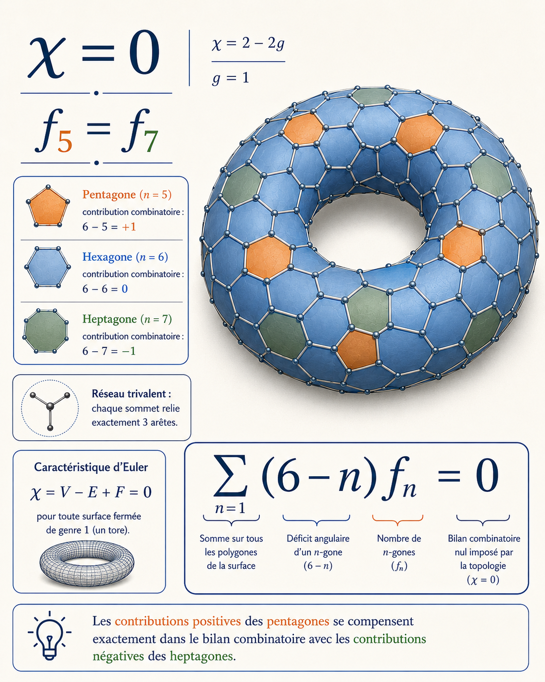 Infographie : surface toroïdale, caractéristique d’Euler 0, compensation des pentagones et heptagones, bilan combinatoire nul.