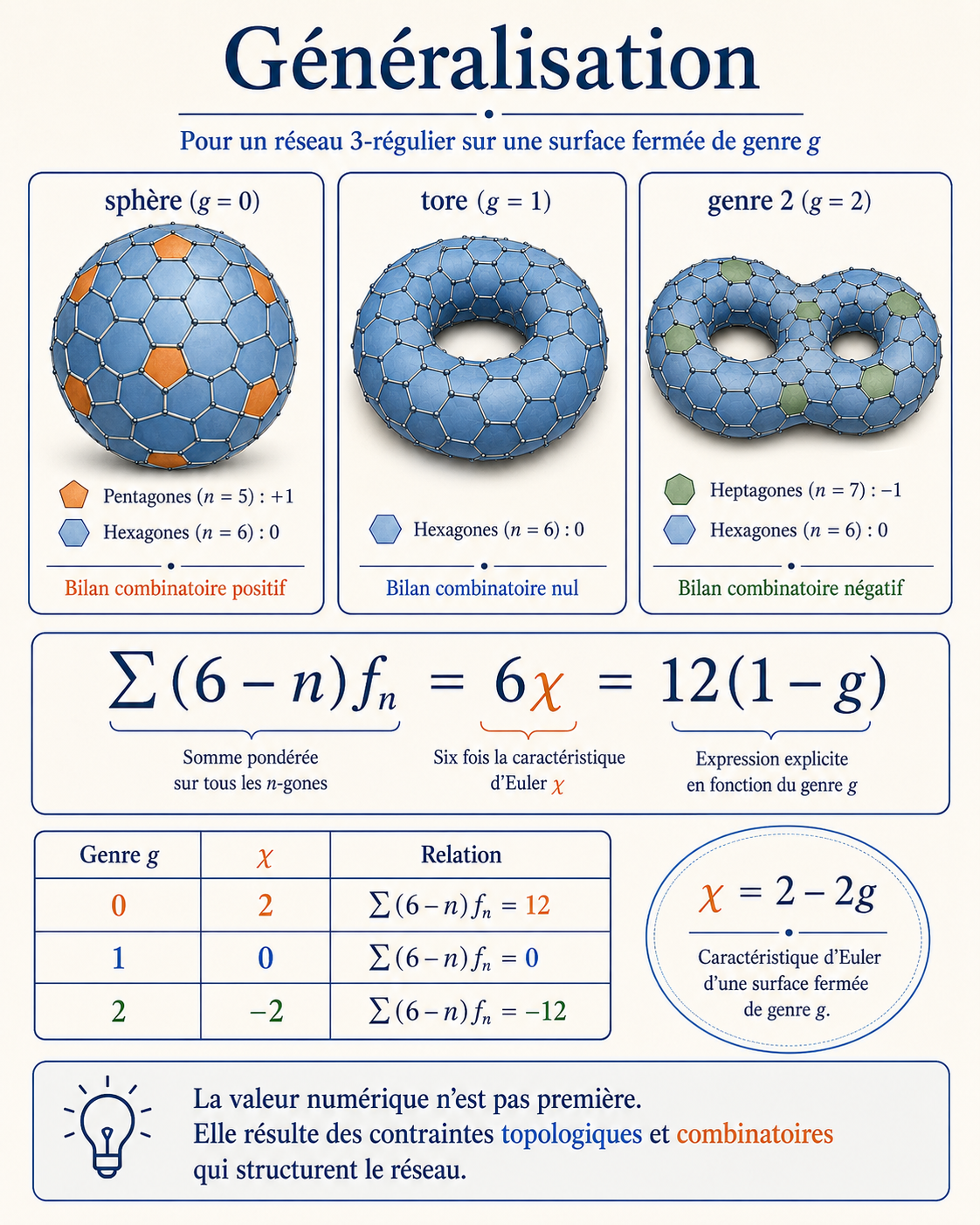 Infographie de généralisation : bilan combinatoire pour les surfaces fermées de genre 0, 1 et 2.