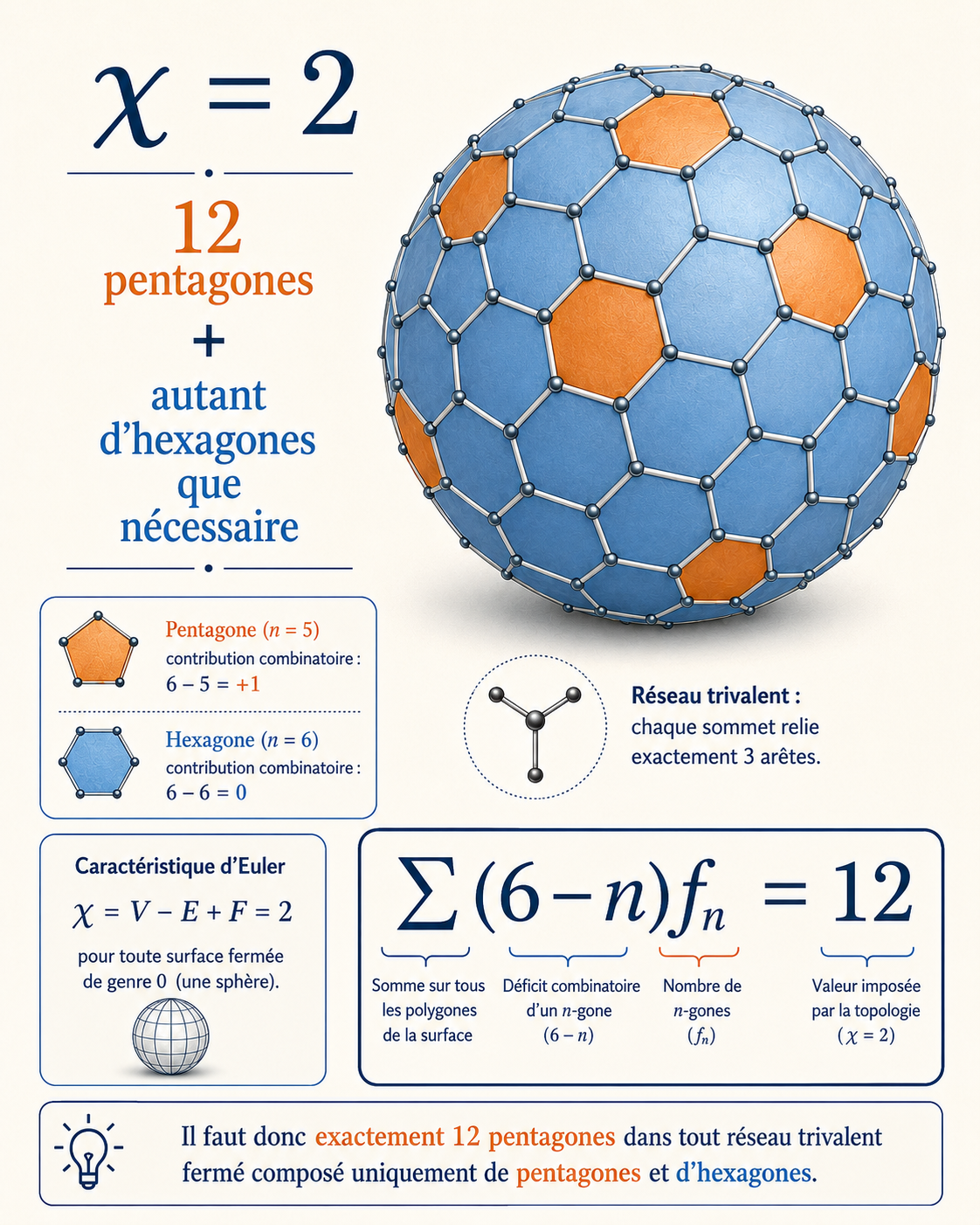 Infographie : surface sphérique, caractéristique d’Euler 2, douze pentagones et bilan combinatoire égal à 12.